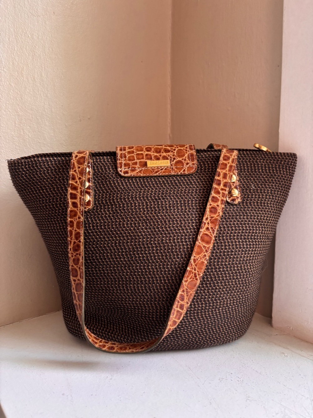 Eric Javits New York Squishee Woven Straw Tote Croc Embossed Leather Trim